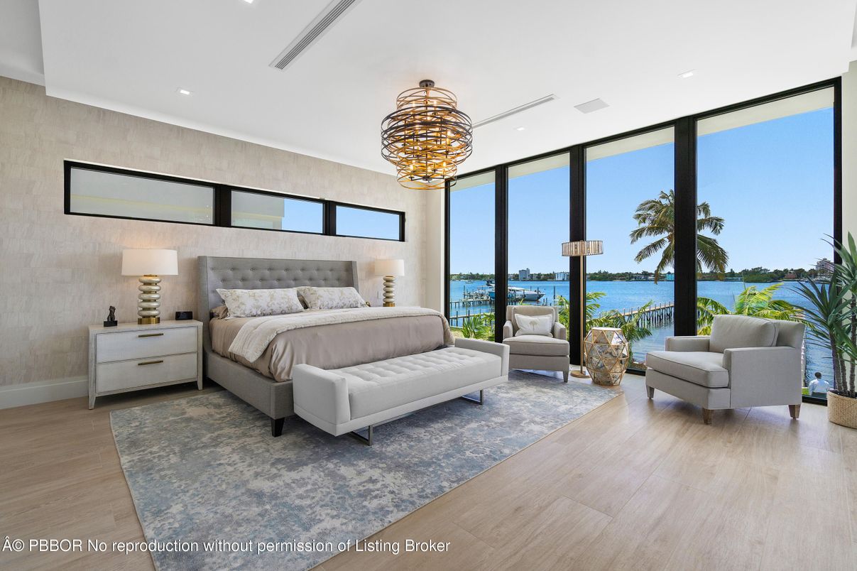 Bedroom, Chandelier, Interior, Recessed Lighting, Water, Wood Texture Flooring