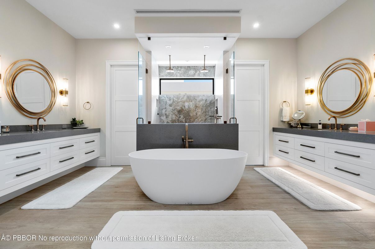 Bathroom, Dual Sink Vanities, Free Standing Baths, Interior, Recessed Lighting, Wood Texture Flooring