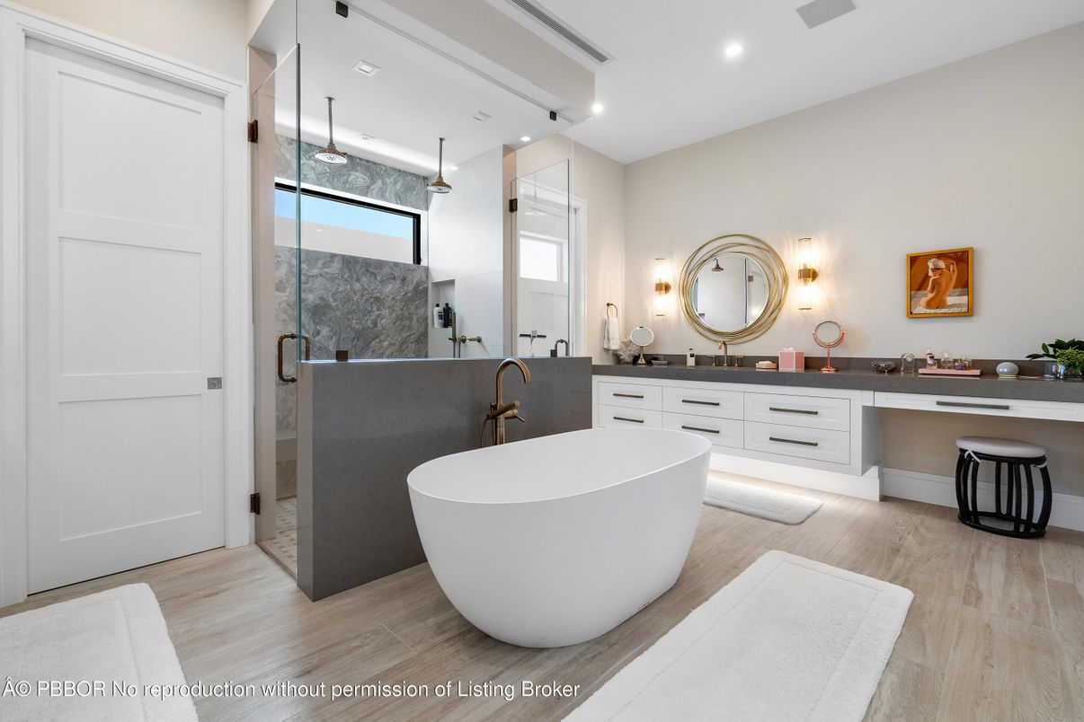 Bathroom, Dual Sink Vanities, Free Standing Baths, Glass Shower, Interior, Recessed Lighting, Wood Texture Flooring