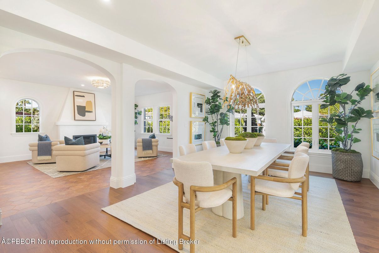 Dining room, Fireplace, Interior, Living room, Pendant Lights, Recessed Lighting, Wood Texture Flooring
