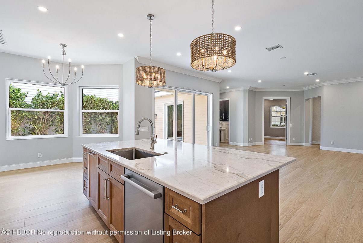 Chandelier, Interior, Kitchen, Pendant Lights, Recessed Lighting, Stainless Steel Appliances, Wood Texture Flooring