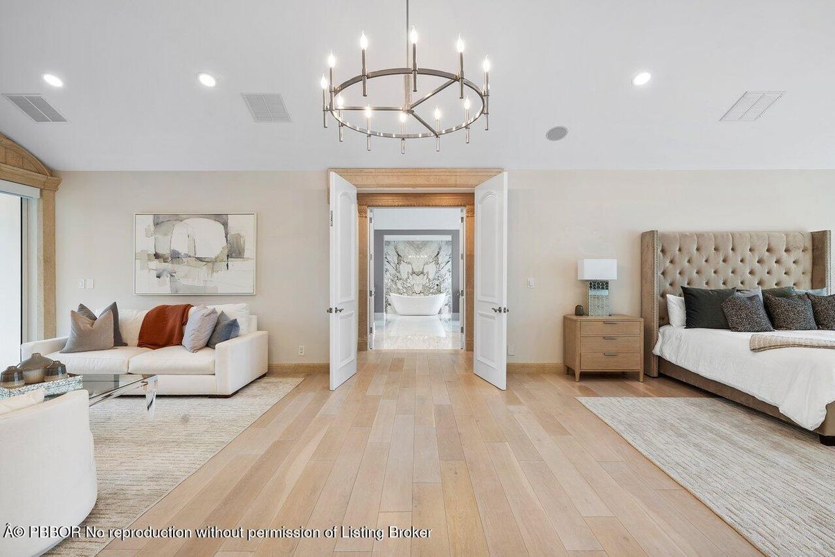 Bedroom, Chandelier, Interior, Living room, Recessed Lighting, Wood Texture Flooring