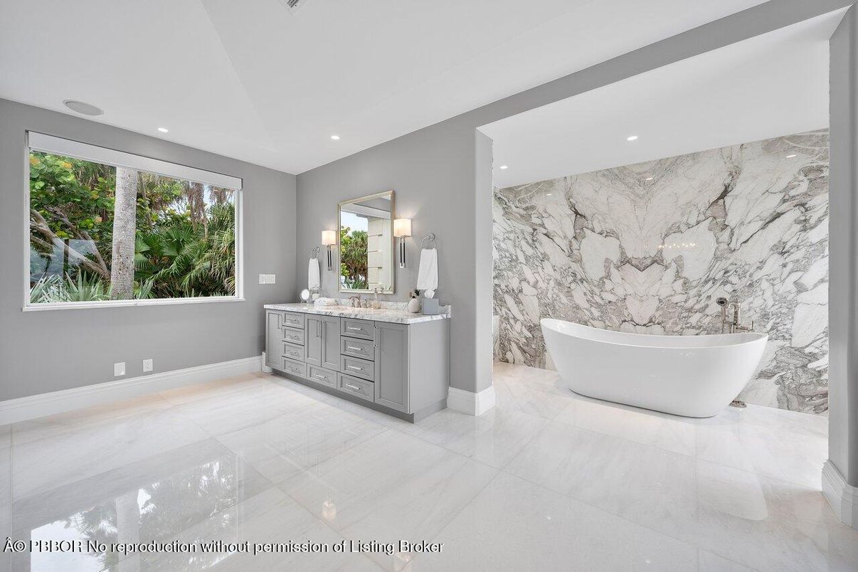 Bathroom, Dual Sink Vanities, Free Standing Baths, Interior, Marble Walls, Recessed Lighting