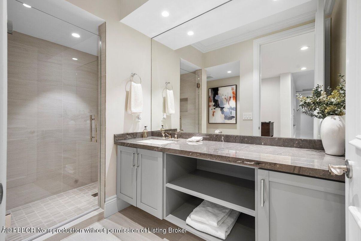 Bathroom, Dual Sink Vanities, Glass Shower, Interior, Recessed Lighting, Wood Texture Flooring