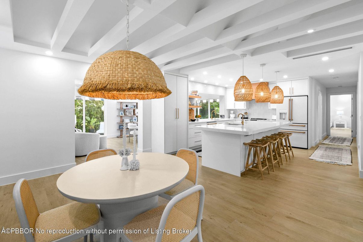 Dining room, Interior, Kitchen, Pendant Lights, Recessed Lighting, Wood Texture Flooring