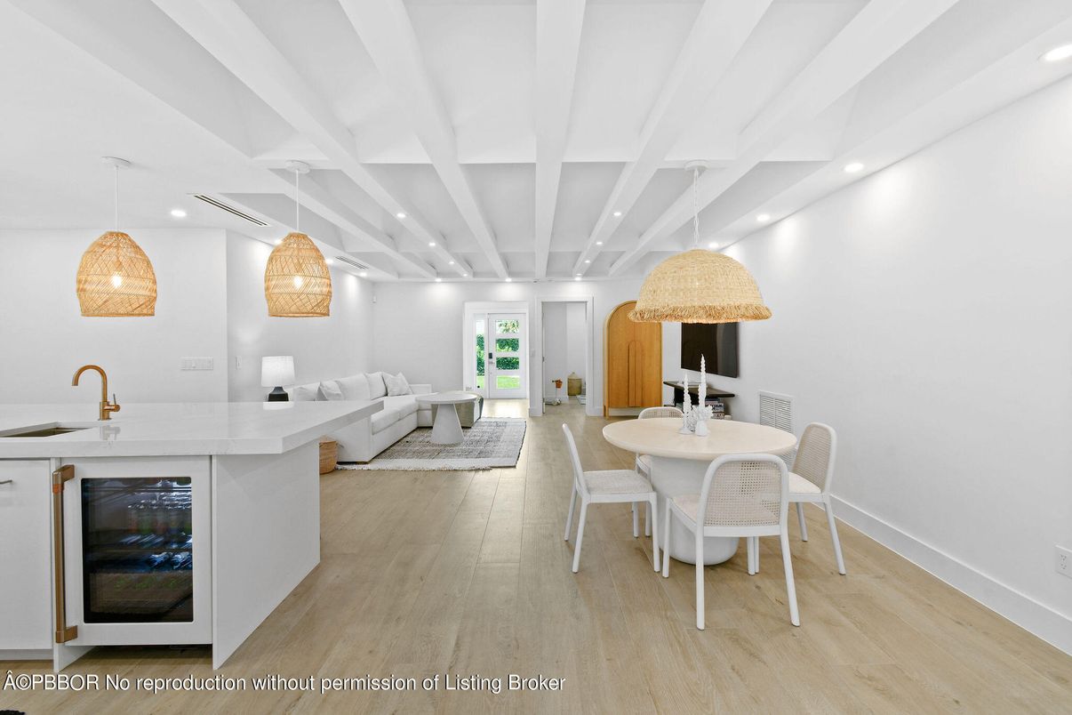 Dining room, Interior, Living room, Pendant Lights, Recessed Lighting, Wood Texture Flooring