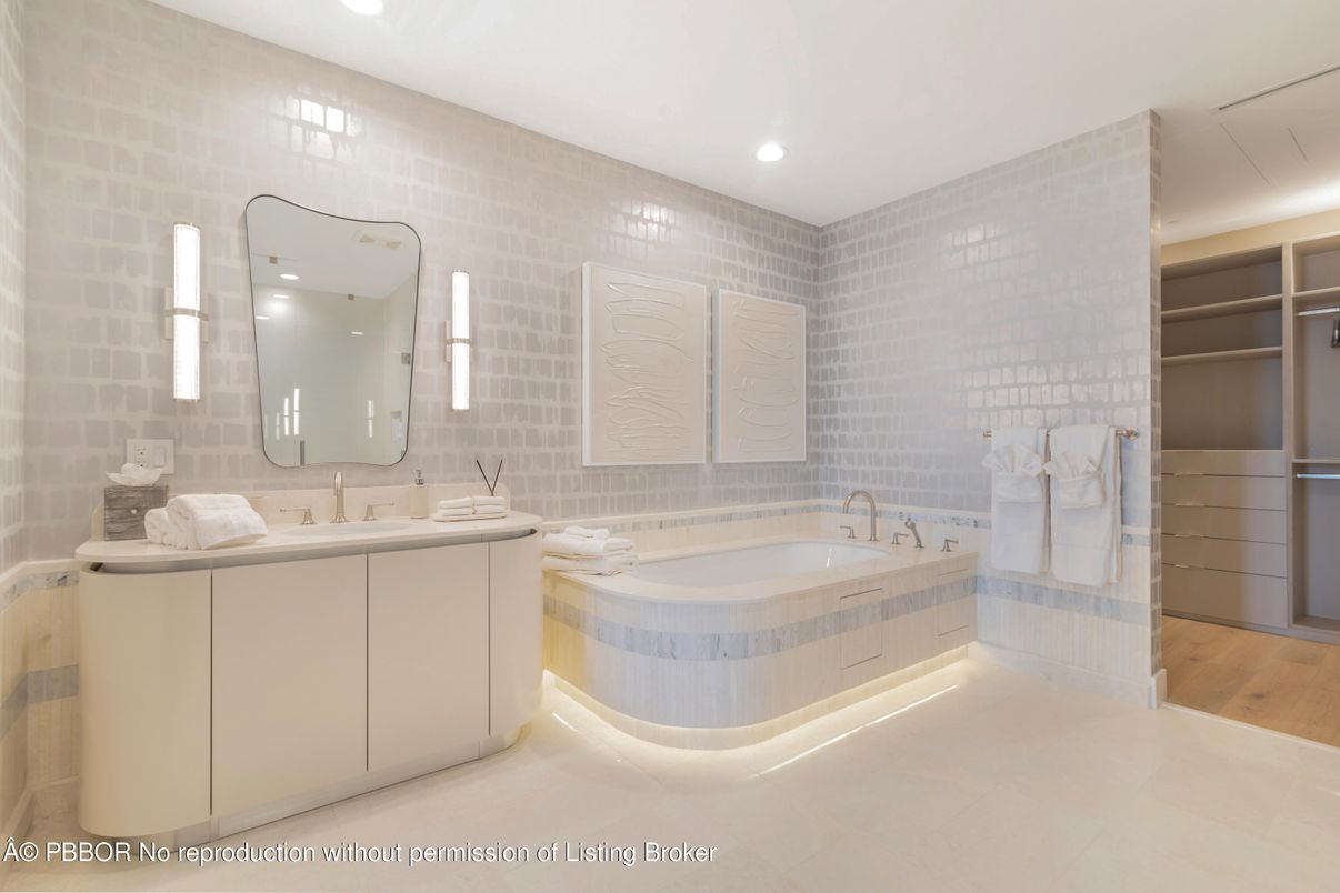 Bathroom, Dual Sink Vanities, Interior, Recessed Lighting, Wood Texture Flooring