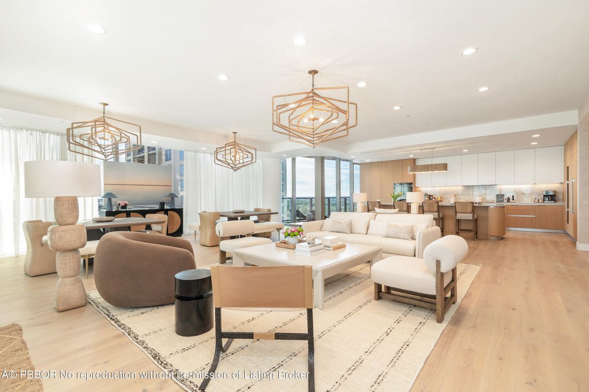 Chandelier, Dining room, Interior, Kitchen, Living room, Pendant Lights, Recessed Lighting, Stainless Steel Appliances, Wood Texture Flooring