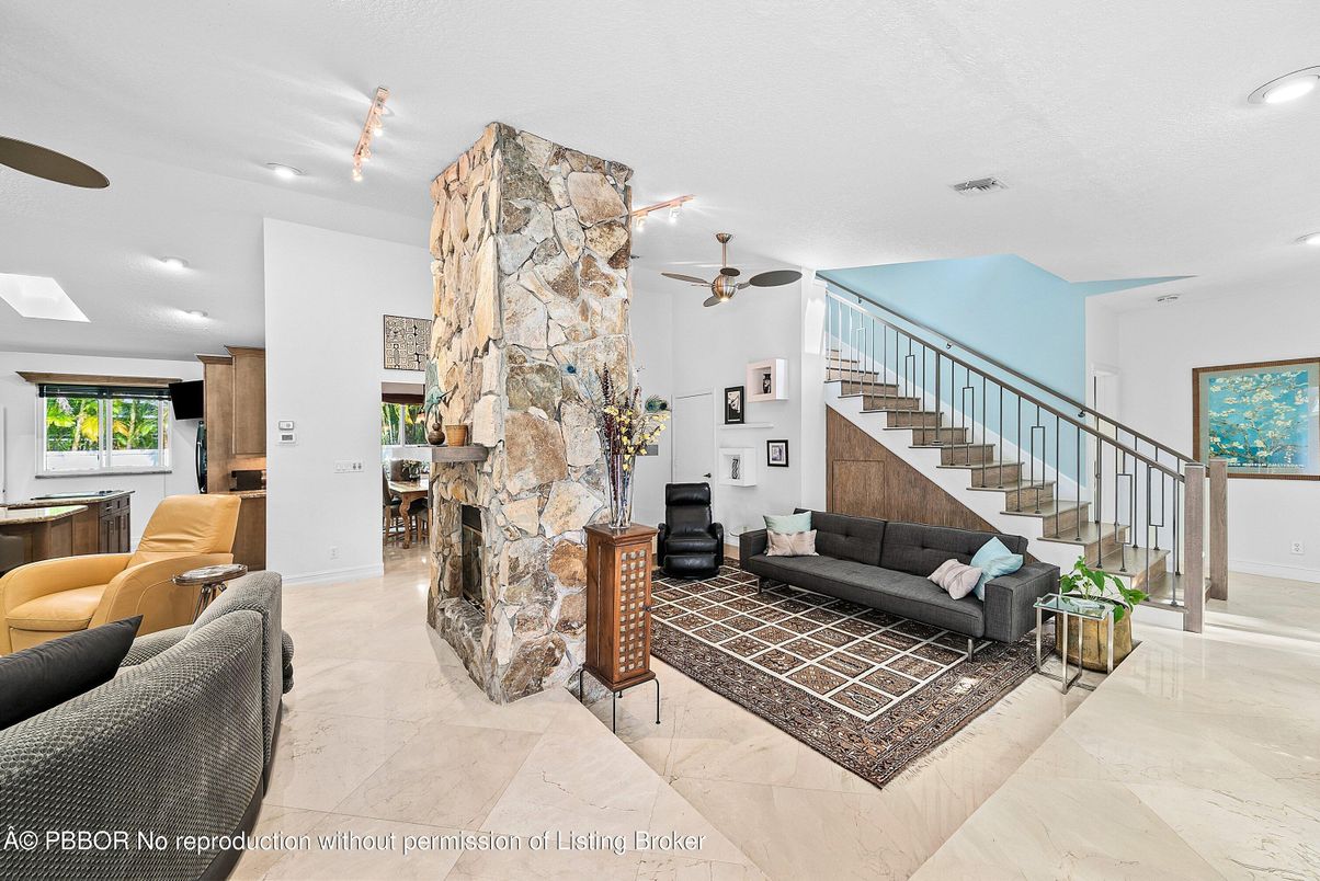 Fireplace, Interior, Living room, Recessed Lighting, Stone Walls