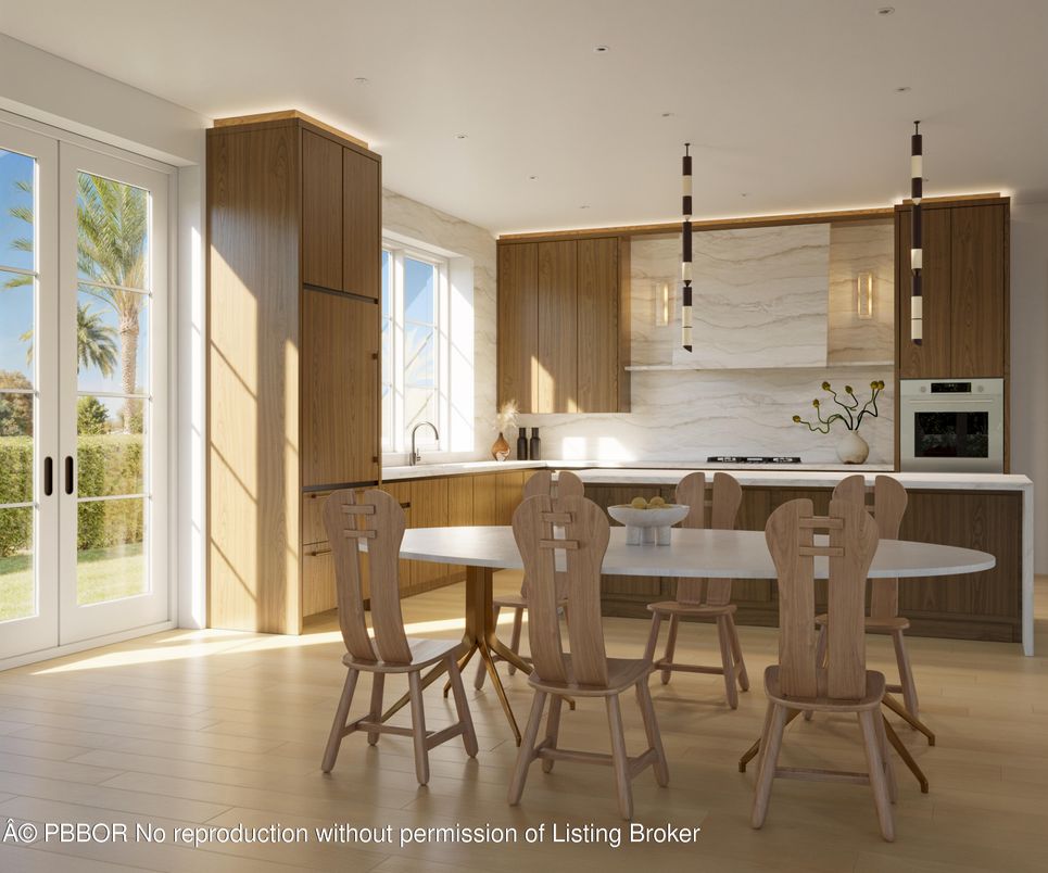 Dining room, Interior, Kitchen, Marble Walls, Recessed Lighting, Wood Texture Flooring