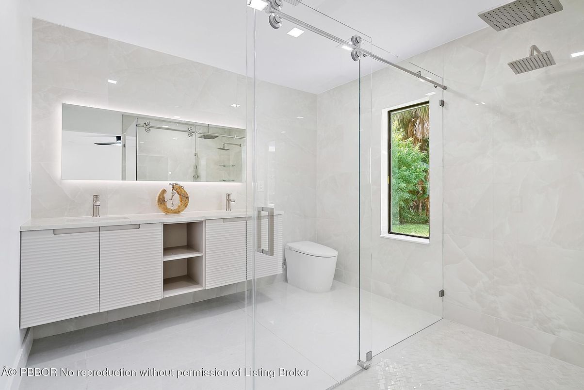 Bathroom, Glass Shower, Interior, Marble Walls, Recessed Lighting