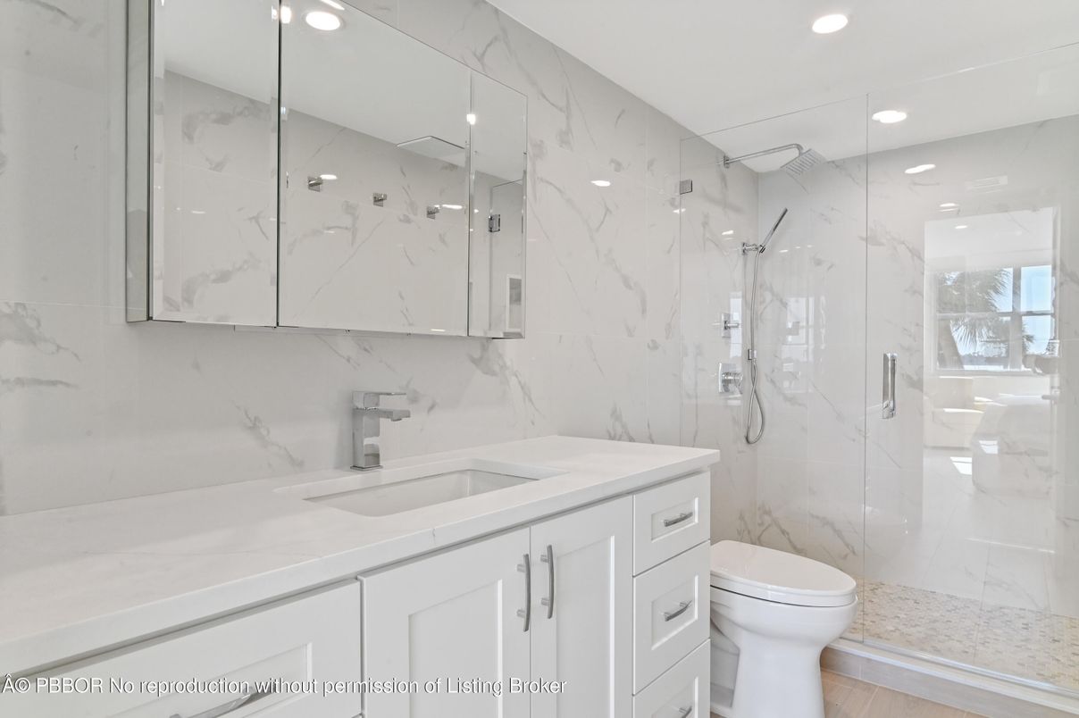 Bathroom, Glass Shower, Interior, Marble Walls, Recessed Lighting, Wood Texture Flooring