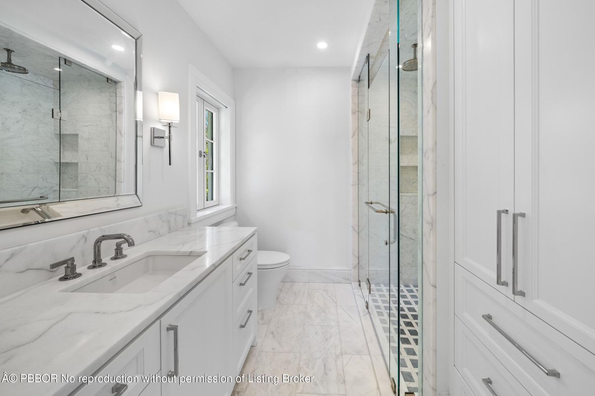 Bathroom, Glass Shower, Interior, Marble, Marble Walls, Recessed Lighting