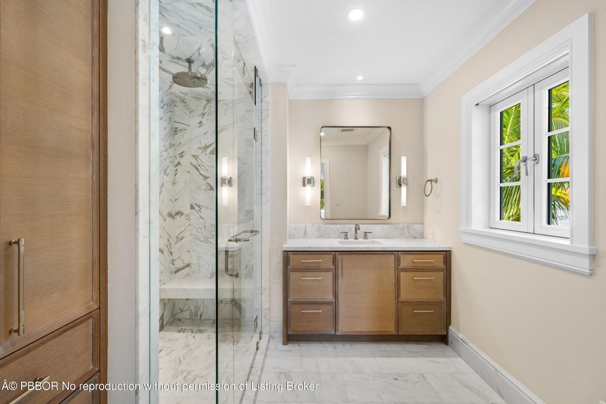 Bathroom, Glass Shower, Interior, Marble, Marble Walls, Recessed Lighting