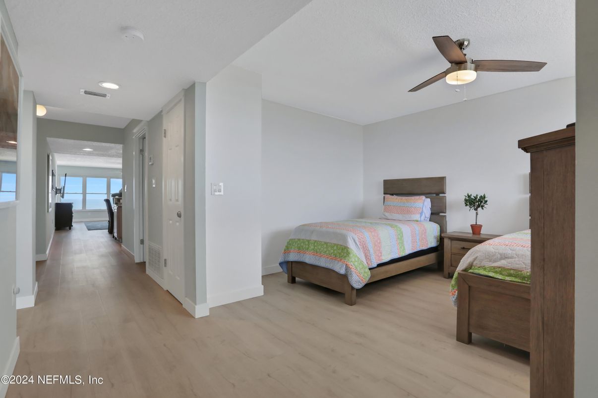 Bedroom, Interior, Recessed Lighting, Water, Wood Texture Flooring