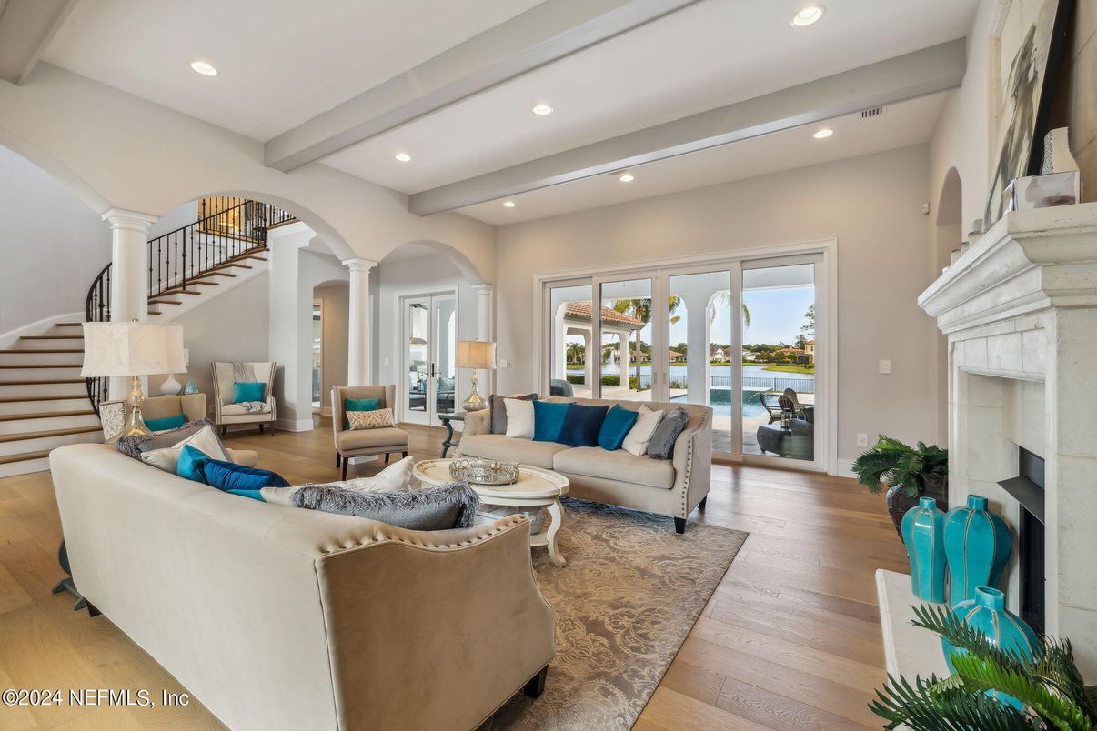 Fireplace, Interior, Living room, Recessed Lighting, Wood Texture Flooring