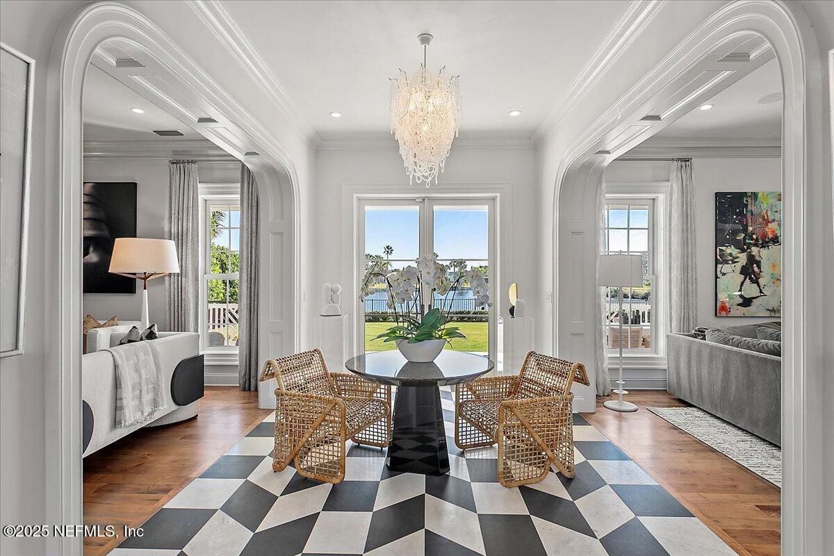 Chandelier, Interior, Living room, Recessed Lighting, Wood Texture Flooring