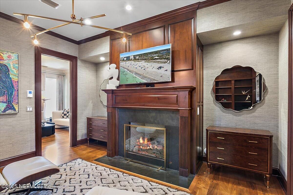 Fireplace, Interior, Recessed Lighting, Wood Texture Flooring