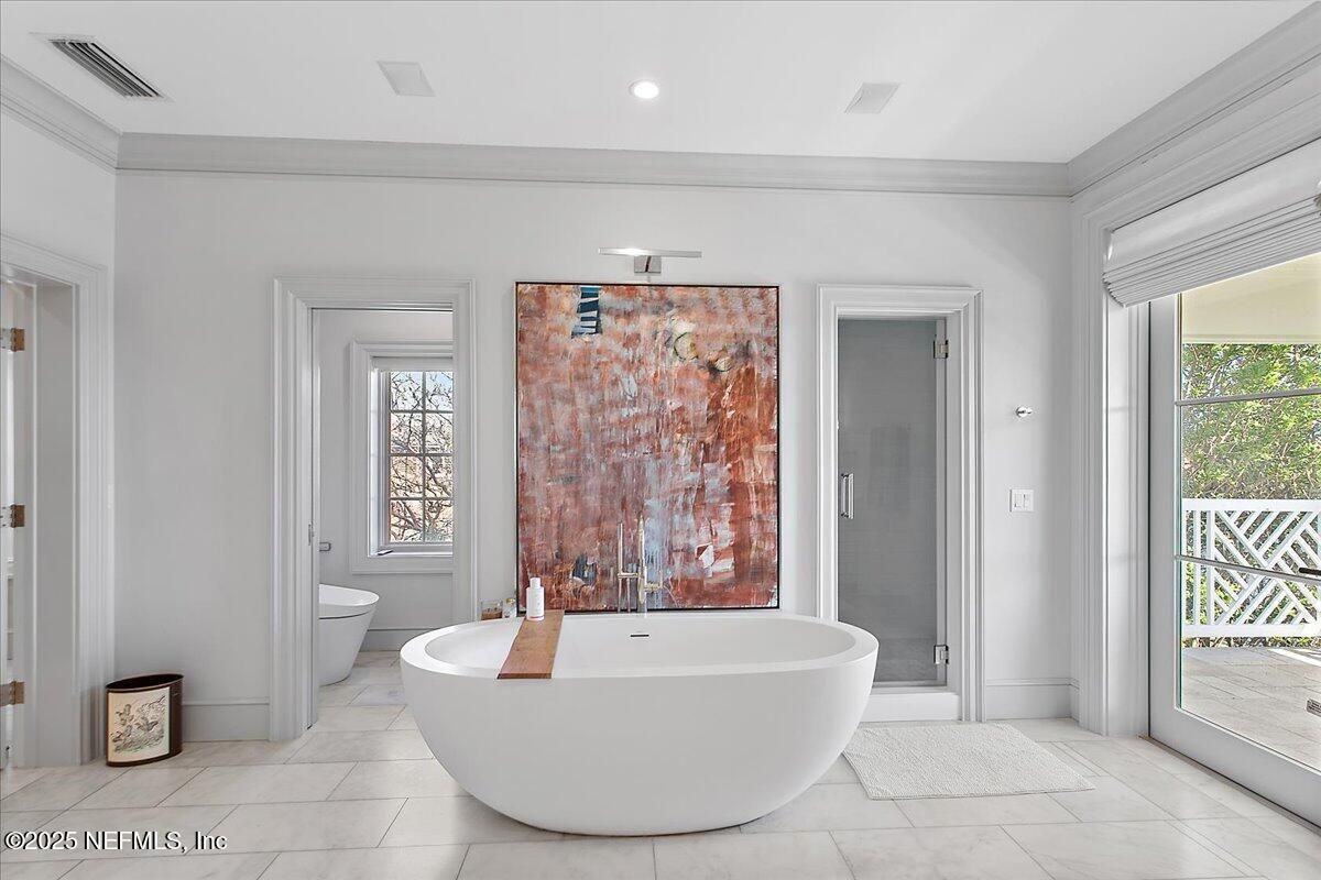 Bathroom, Free Standing Baths, Glass Shower, Interior, Recessed Lighting