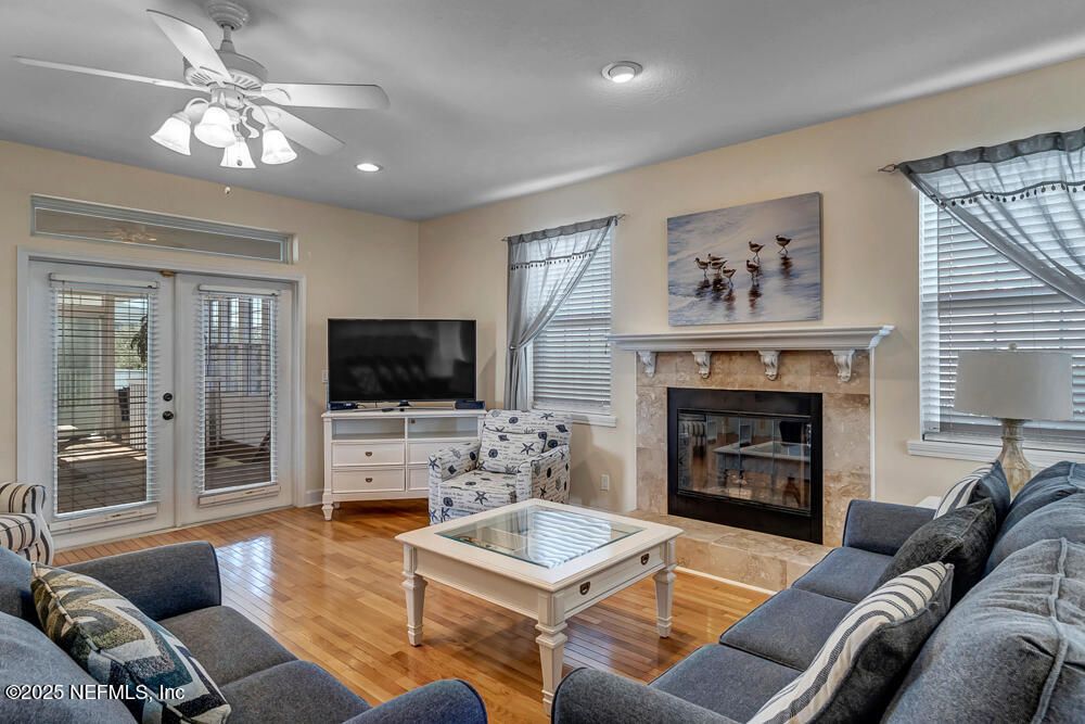 Fireplace, Interior, Living room, Recessed Lighting, Wood Texture Flooring