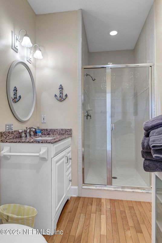 Bathroom, Glass Shower, Interior, Recessed Lighting, Wood Texture Flooring