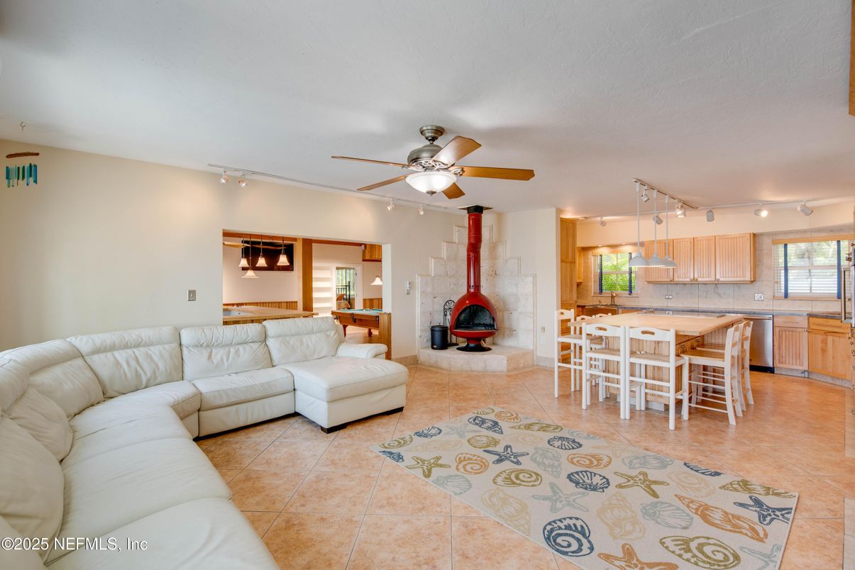 Dining room, Fireplace, Interior, Kitchen, Living room, Stone Walls