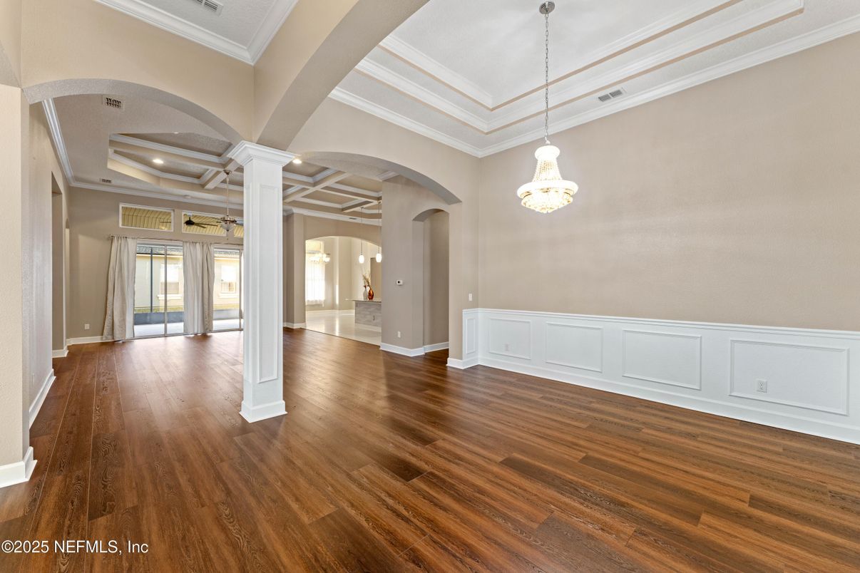 Chandelier, Empty room, Interior, Pendant Lights, Recessed Lighting, Wood Texture Flooring