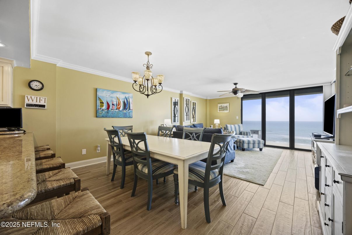 Chandelier, Dining room, Interior, Recessed Lighting, Water, Wood Texture Flooring