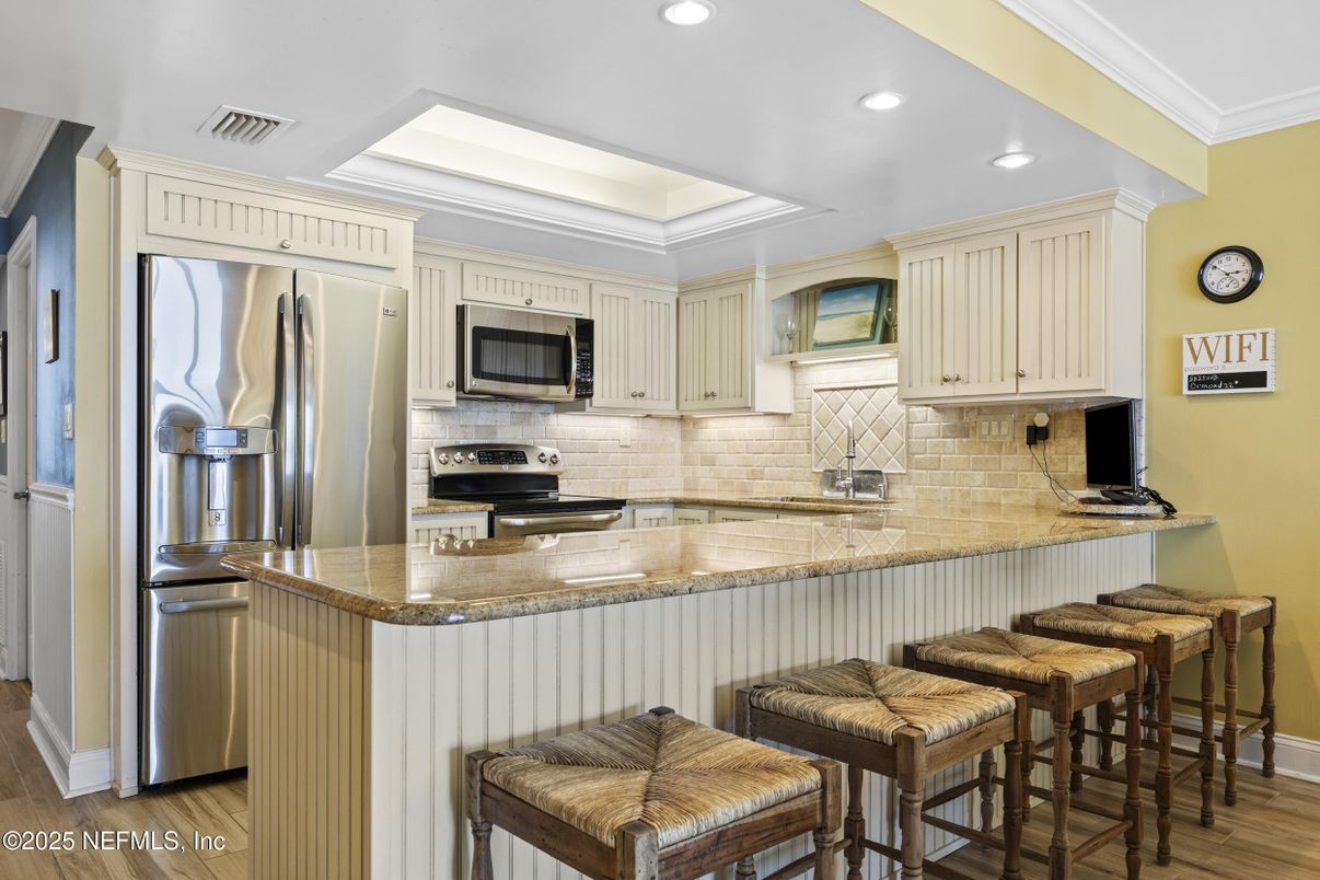 Interior, Kitchen, Recessed Lighting, Stainless Steel Appliances, Wood Texture Flooring