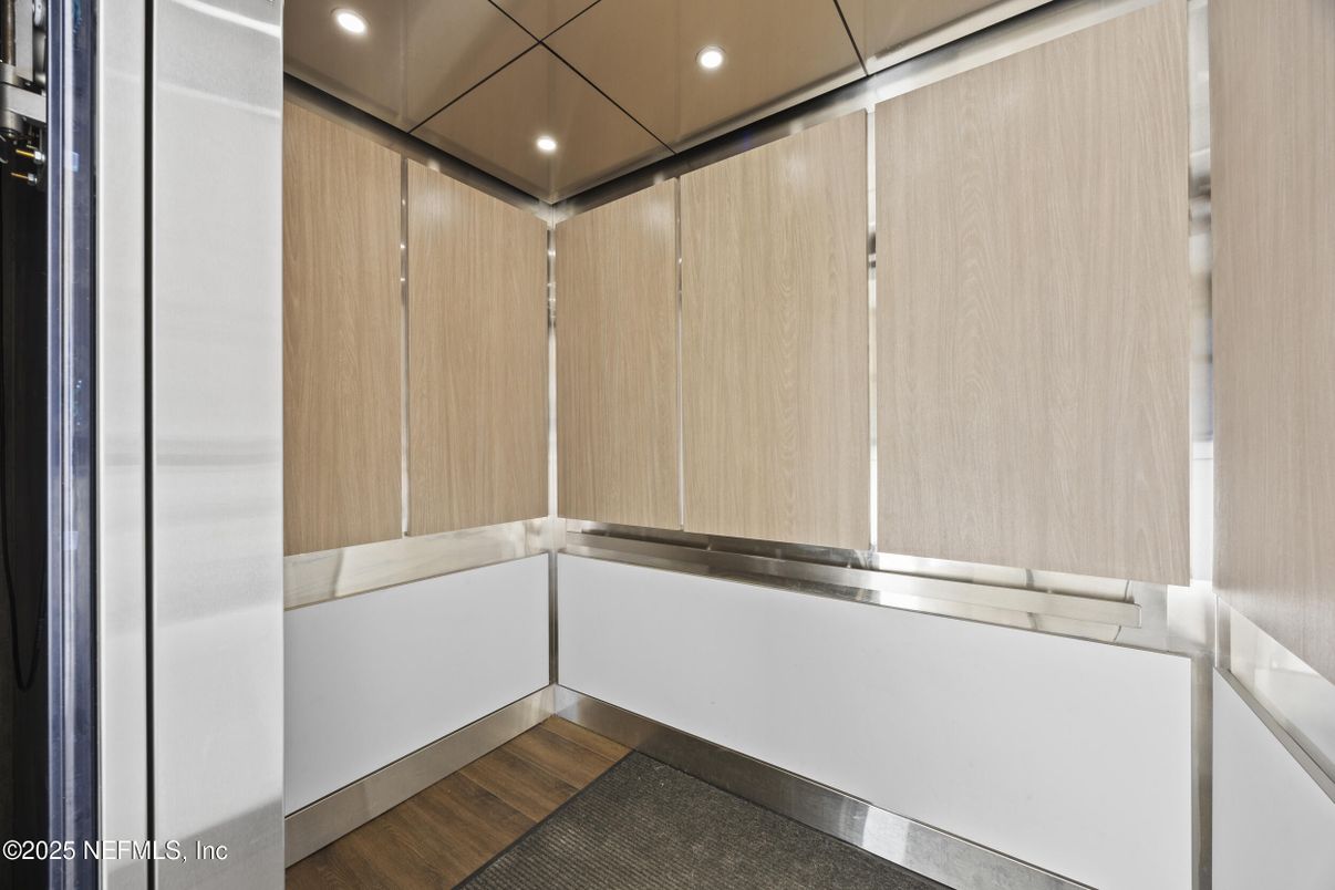 Elevator, Interior, Recessed Lighting, Wood Texture Flooring