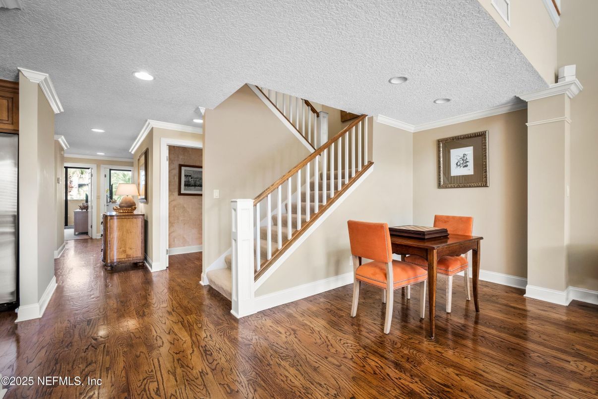 Dining room, Interior, Recessed Lighting, Wood Texture Flooring