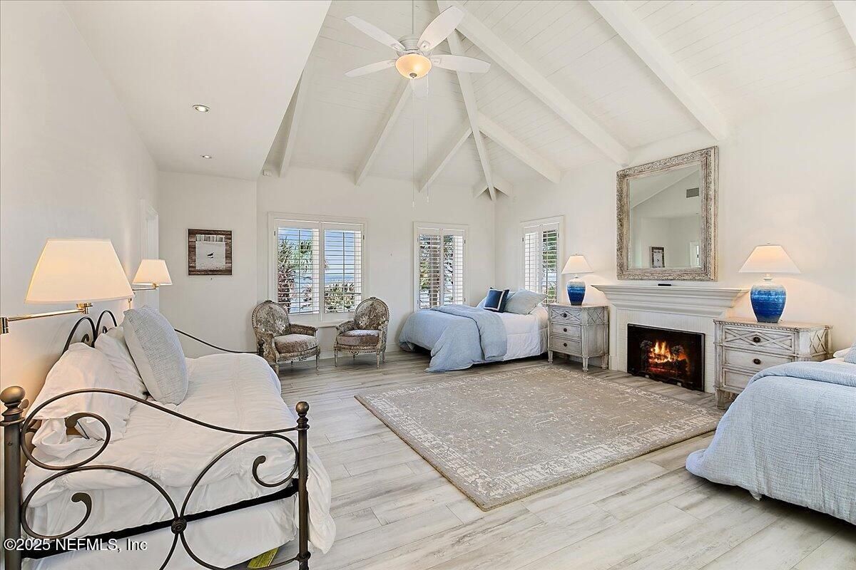 Bedroom, Fireplace, Interior, Recessed Lighting, Wood Texture Flooring