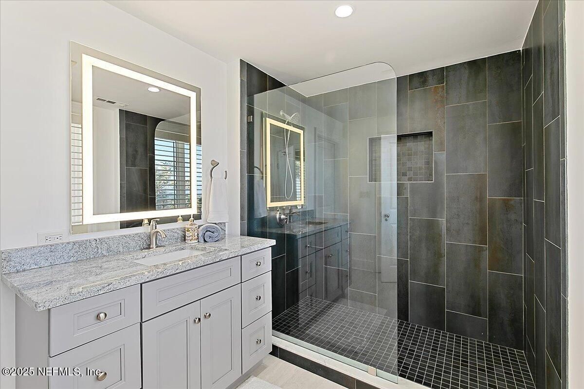 Bathroom, Dual Sink Vanities, Glass Shower, Interior, Recessed Lighting