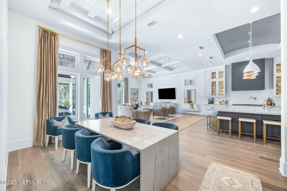 Dining room, Interior, Kitchen, Living room, Pendant Lights, Recessed Lighting, Wood Texture Flooring