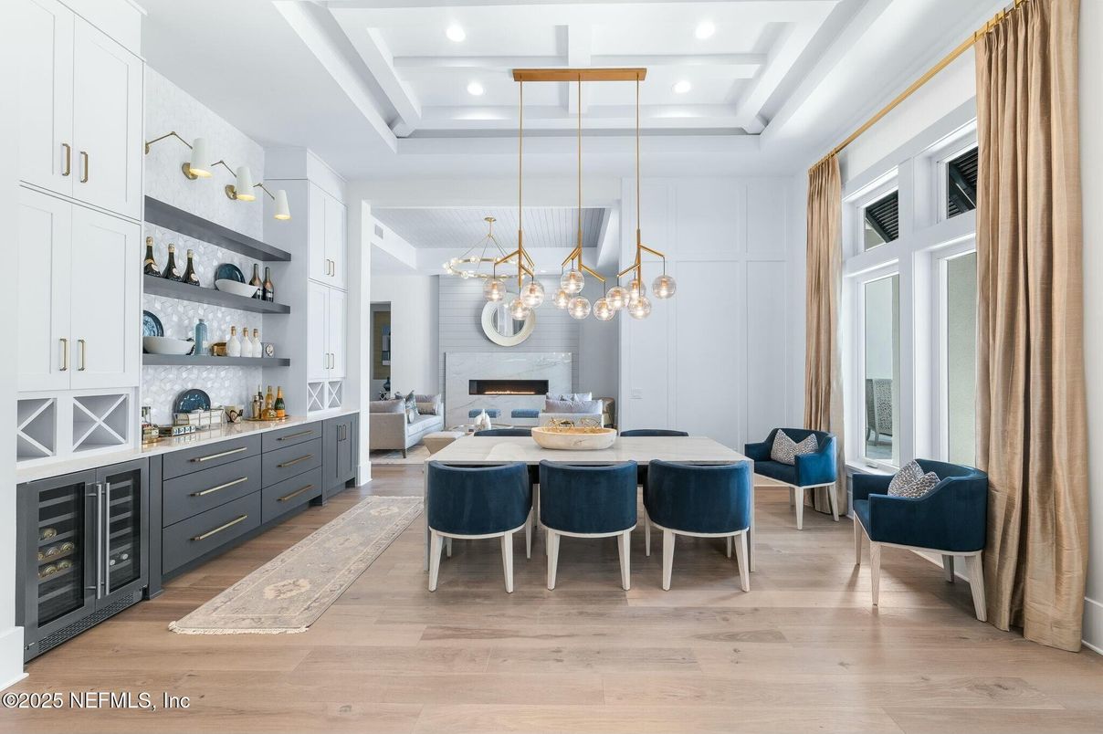 Dining room, Fireplace, Interior, Pendant Lights, Recessed Lighting, Wood Texture Flooring
