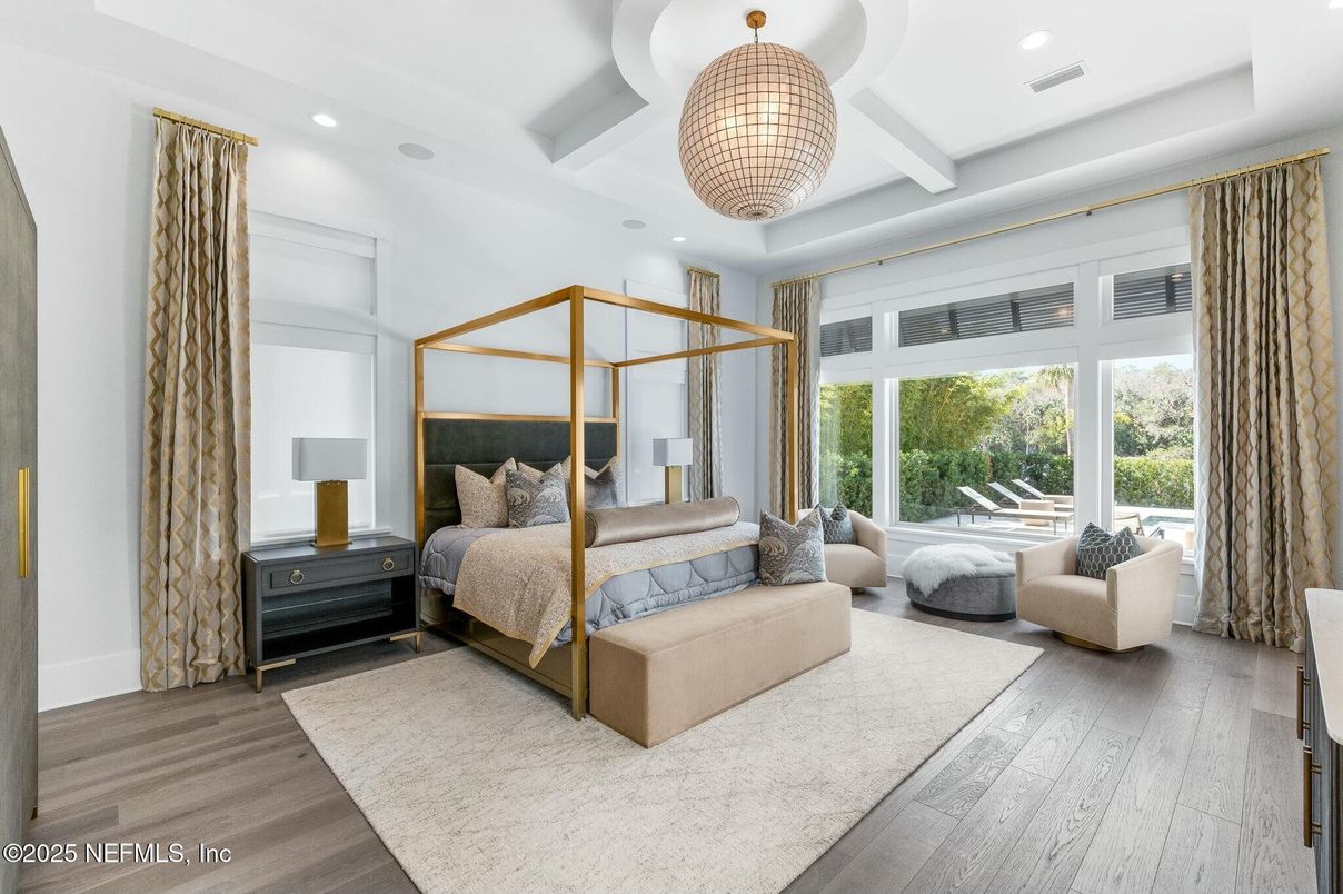 Bedroom, Chandelier, Interior, Recessed Lighting, Wood Texture Flooring
