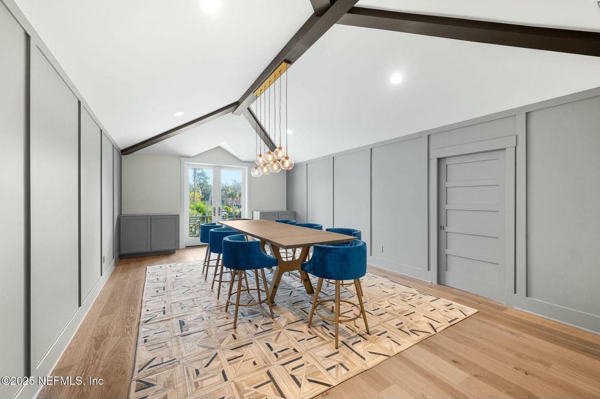 Dining room, Game Room, Interior, Pendant Lights, Recessed Lighting, Wood Texture Flooring