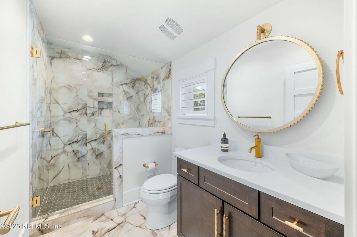 Bathroom, Dual Sink Vanities, Glass Shower, Interior, Marble, Marble Walls, Recessed Lighting