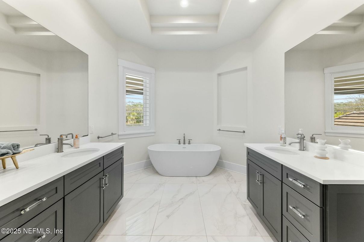 Bathroom, Dual Sink Vanities, Free Standing Baths, Interior, Marble, Recessed Lighting