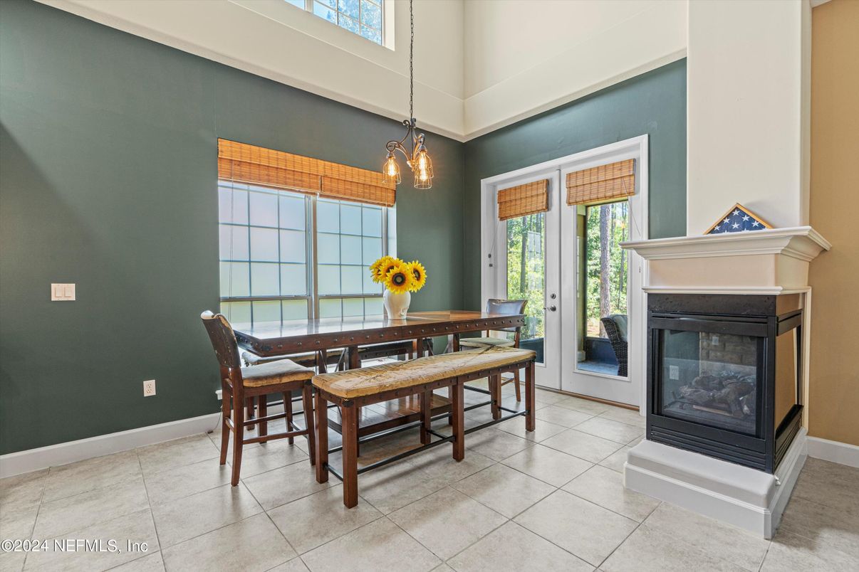 Dining room, Fireplace, Interior, Pendant Lights