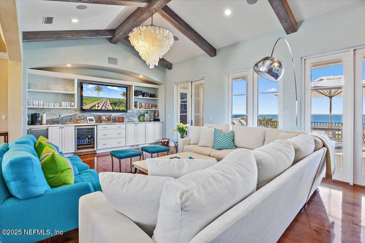 Chandelier, Interior, Living room, Recessed Lighting, Water, Wooden Beams, Wood Texture Flooring