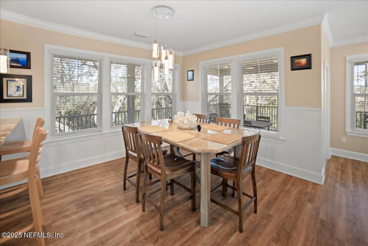 Dining room, Interior, Pendant Lights, Wood Texture Flooring