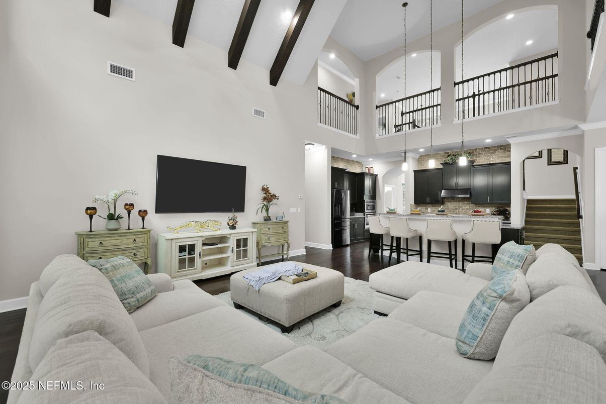Interior, Kitchen, Living room, Pendant Lights, Recessed Lighting, Stainless Steel Appliances, Wooden Beams, Wood Texture Flooring