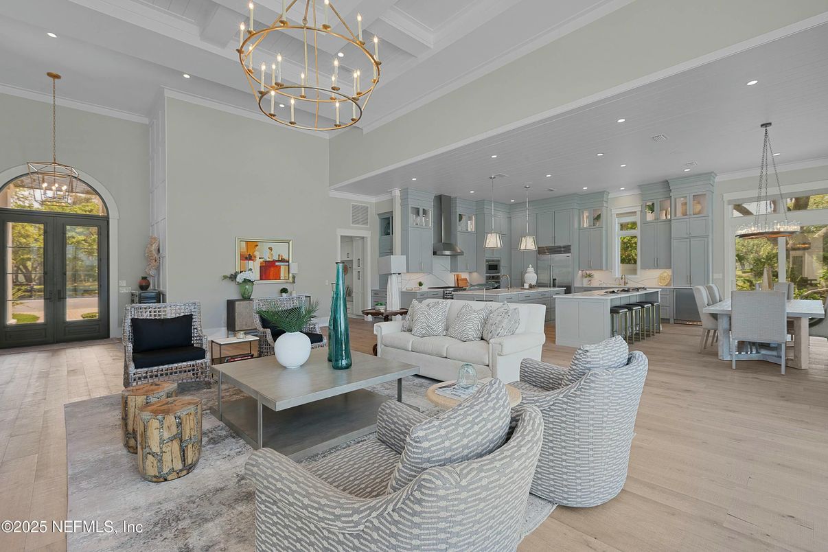 Chandelier, Dining room, Interior, Kitchen, Living room, Pendant Lights, Recessed Lighting, Wood Texture Flooring