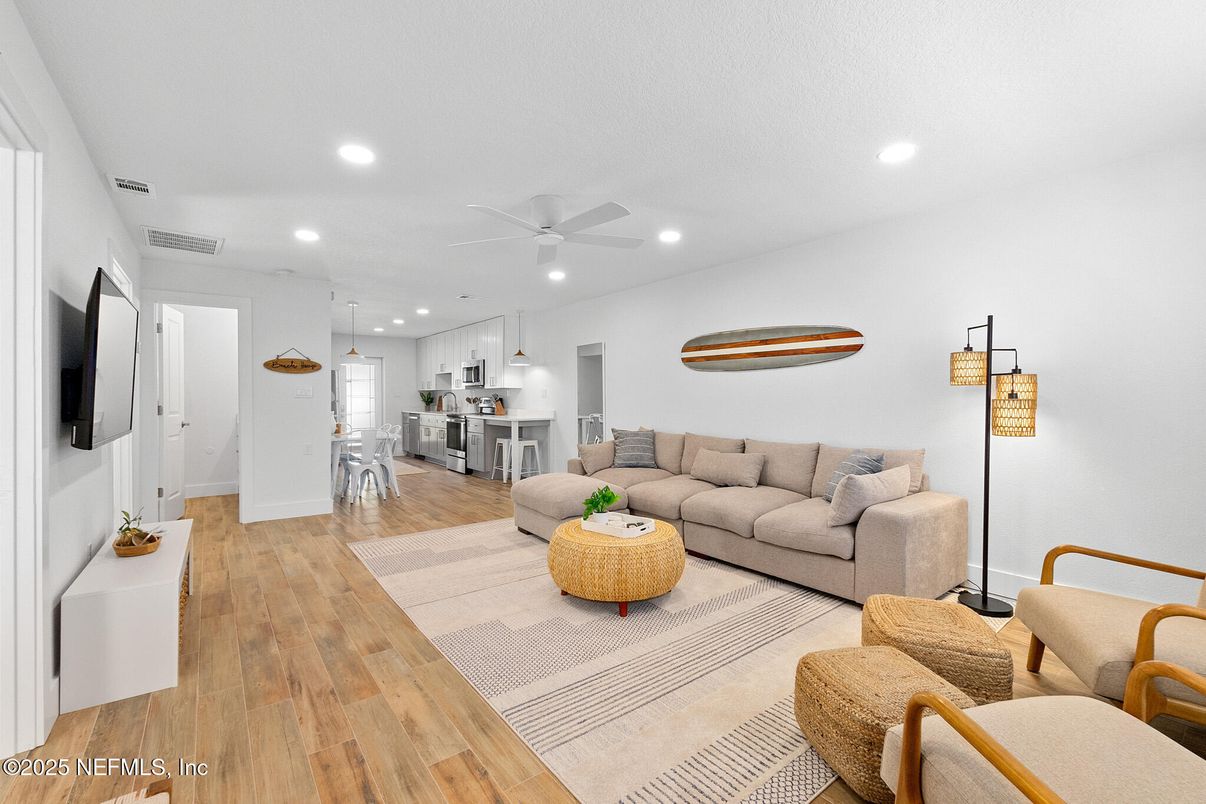 Interior, Kitchen, Living room, Recessed Lighting, Wood Texture Flooring