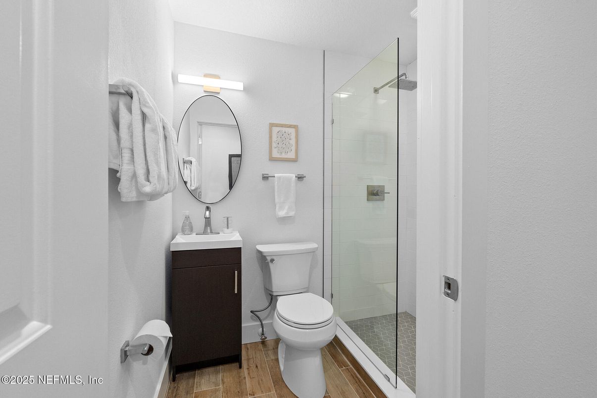 Bathroom, Glass Shower, Interior, Wood Texture Flooring