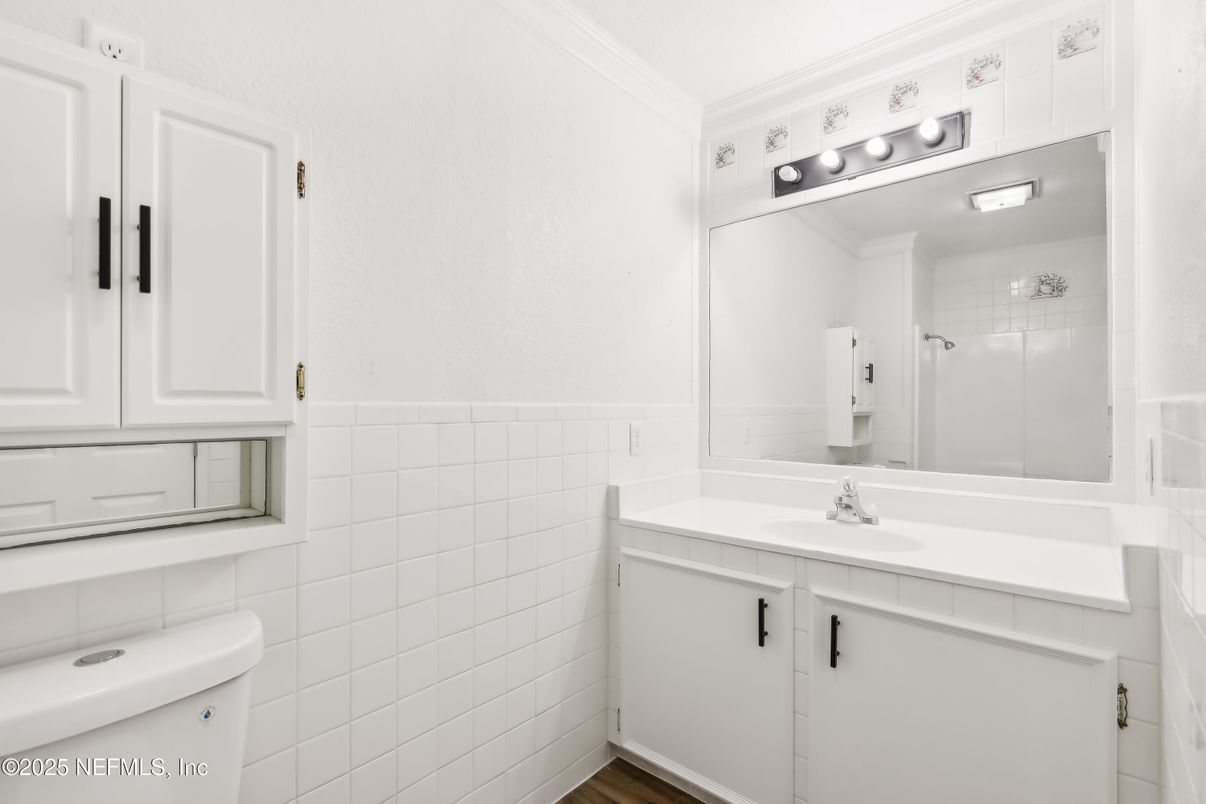 Bathroom, Interior, Tile Countertops, Wood Texture Flooring