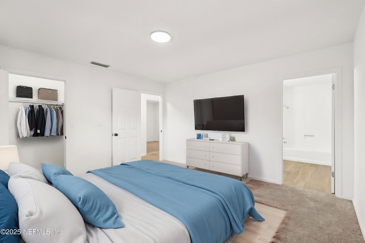 Bedroom, Interior, Recessed Lighting, Wood Texture Flooring