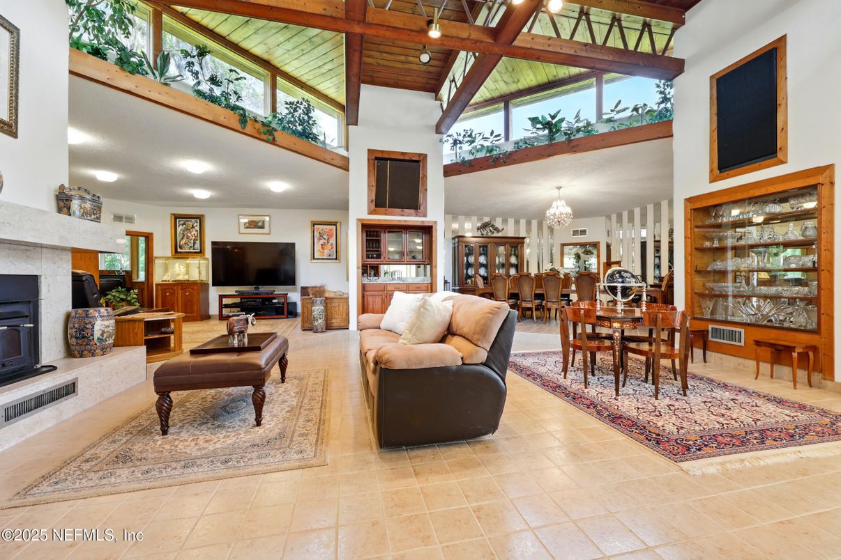 Chandelier, Dining room, Fireplace, Interior, Living room, Recessed Lighting, Wooden Beams, Wooden Ceilings