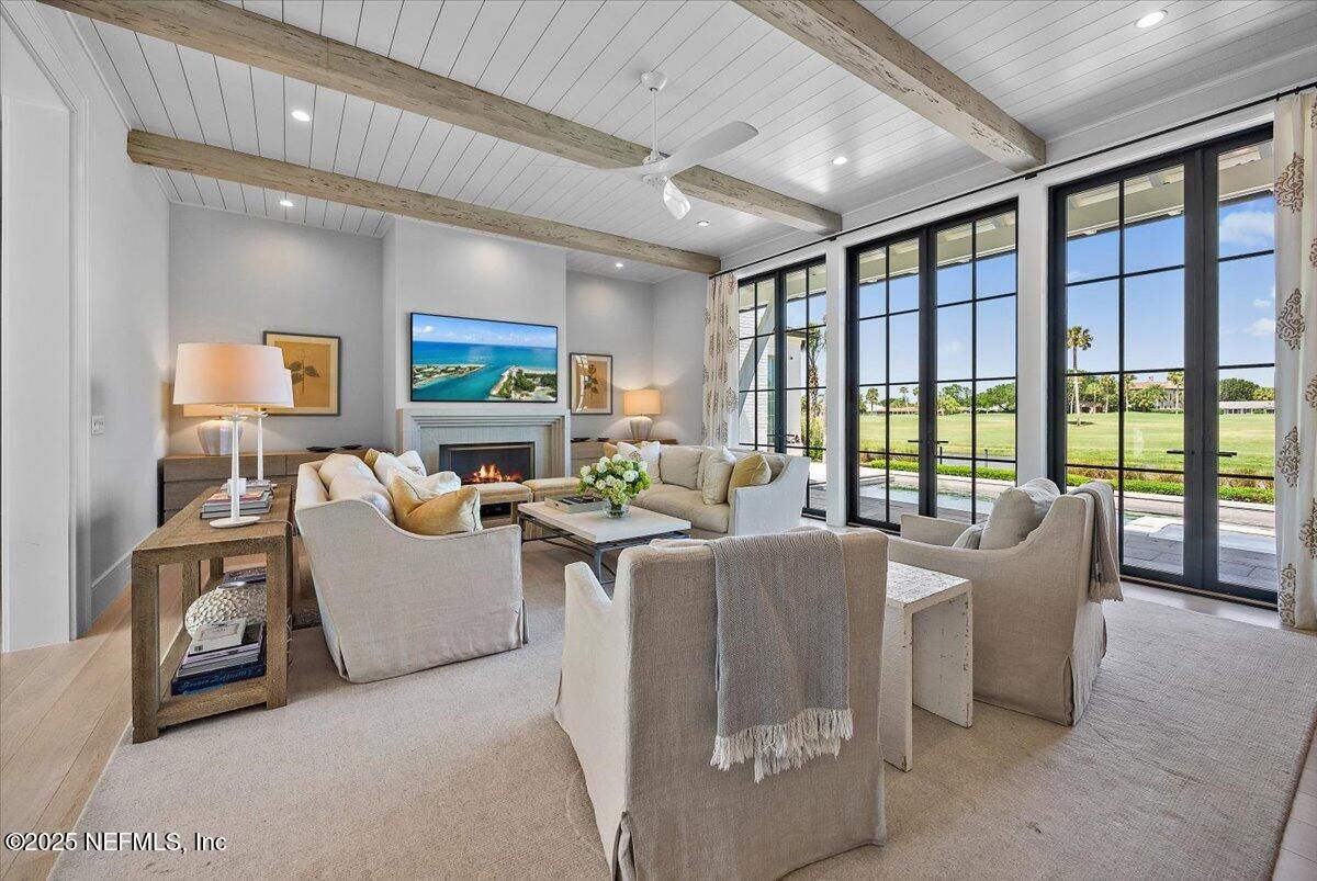 Fireplace, Interior, Living room, Recessed Lighting, Wooden Beams